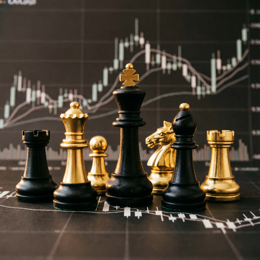 Trading strategy concept with chess pieces on candlestick chart background representing strategic thinking