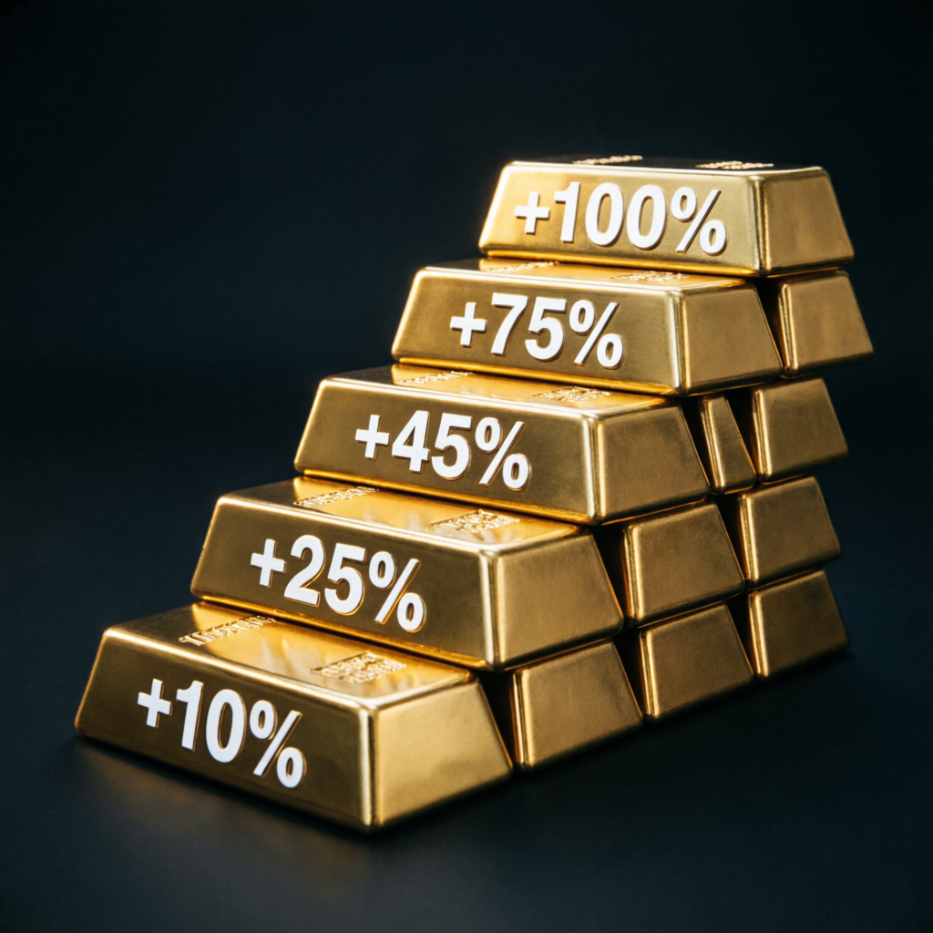 Scaling plan visualization with gold bars showing percentage growth from 10% to 100%