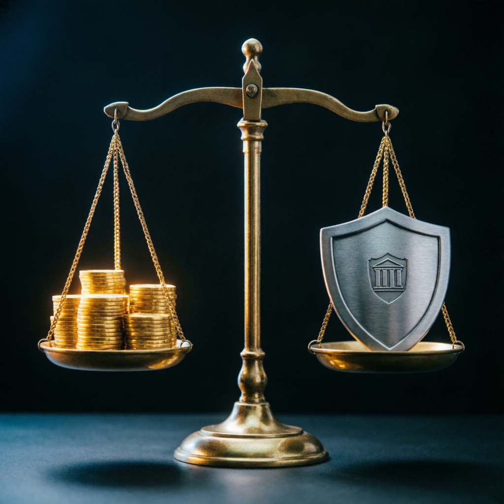 Risk management concept with balance scale showing gold coins and protective shield