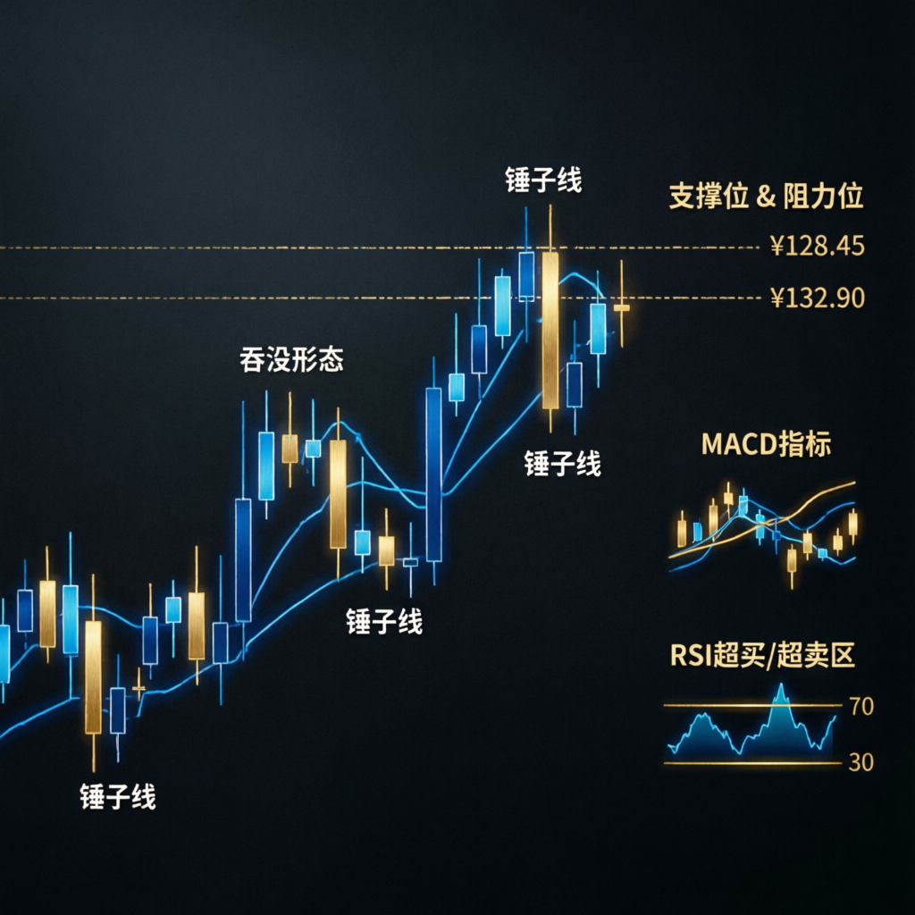 Trading strategy blueprint showing candlestick patterns with technical analysis markers