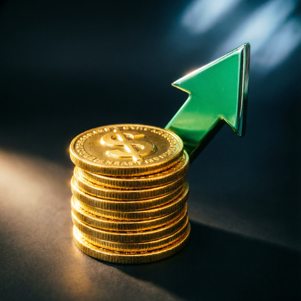 Payout success visualization with gold coins and green upward arrow representing profit growth