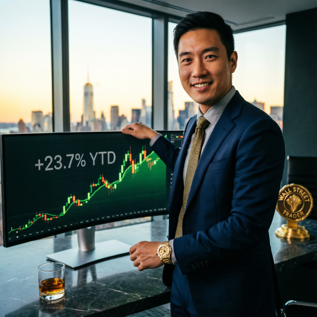 Professional trader celebrating funded account success with profit chart showing +23.7% YTD