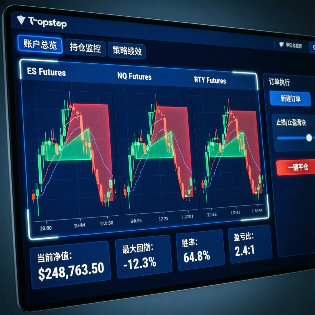Topstep trading dashboard showing futures charts with drawdown zones highlighted