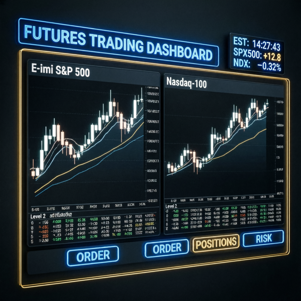 Futures trading dashboard showing E-mini S&P 500 and Nasdaq-100 charts with order management