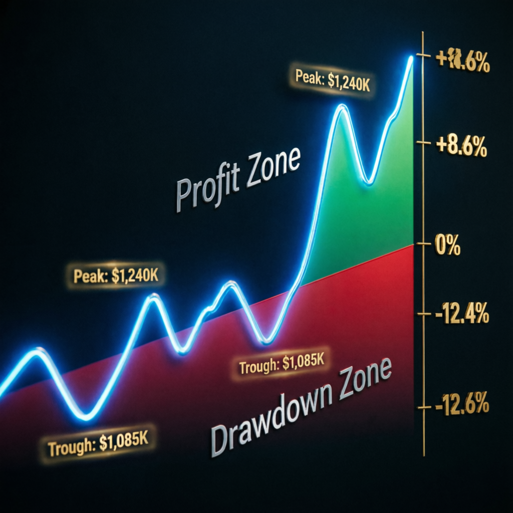 Trailing drawdown visualization showing profit zone and drawdown zone with peak and trough markers