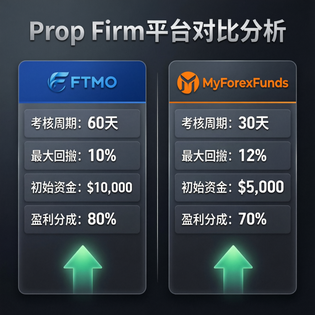 Prop firm platform comparison infographic showing features side by side