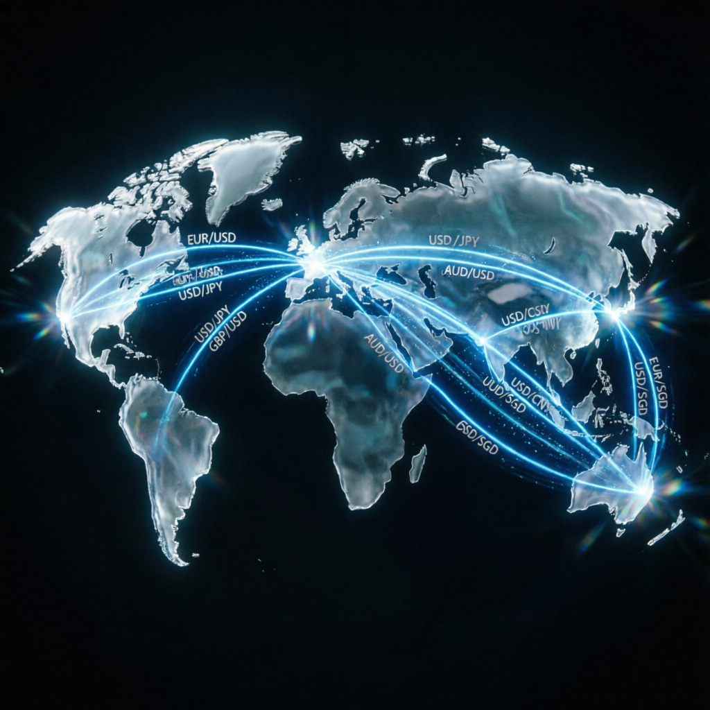 Global forex market world map showing currency pairs and trading connections
