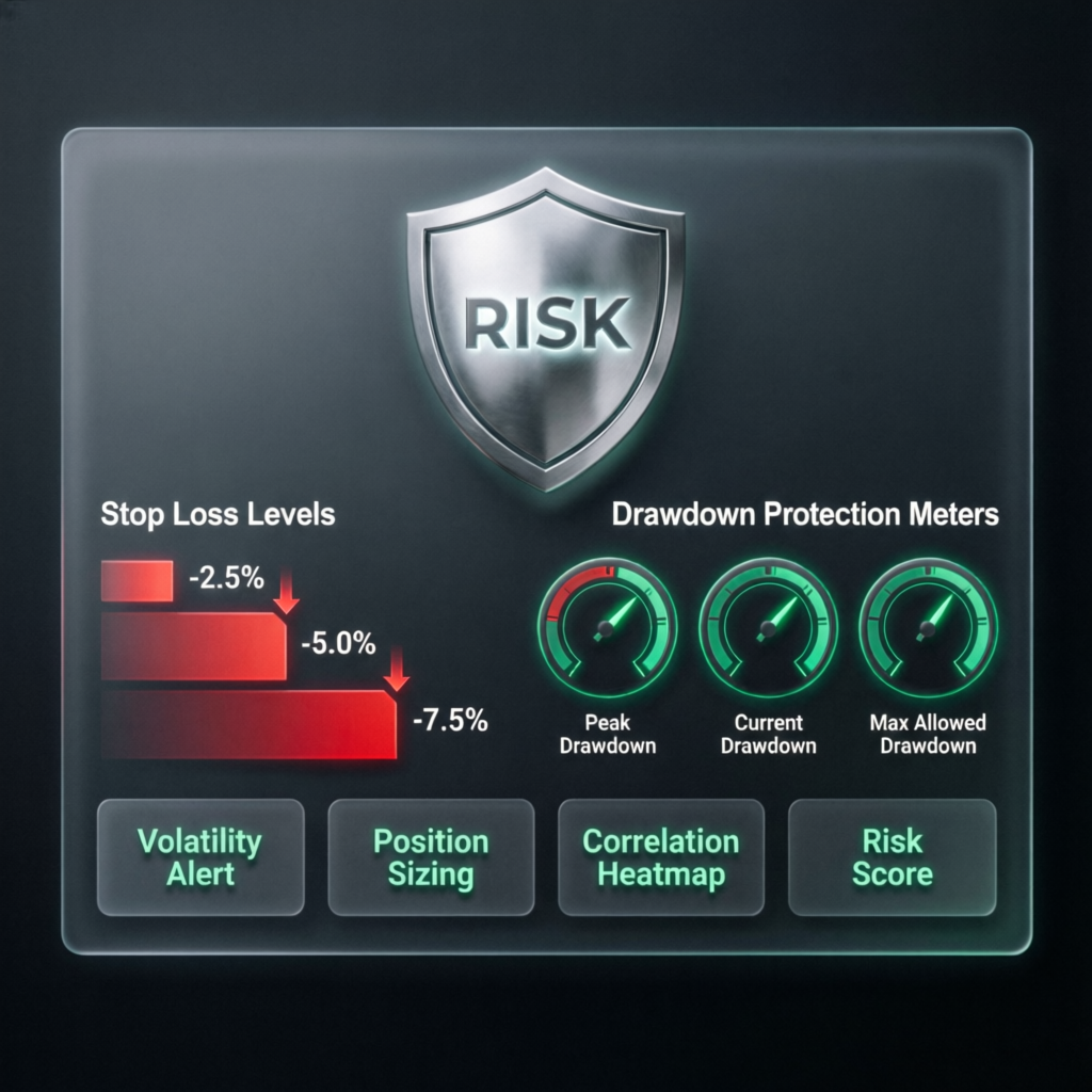 Risk management dashboard with stop loss levels and drawdown protection