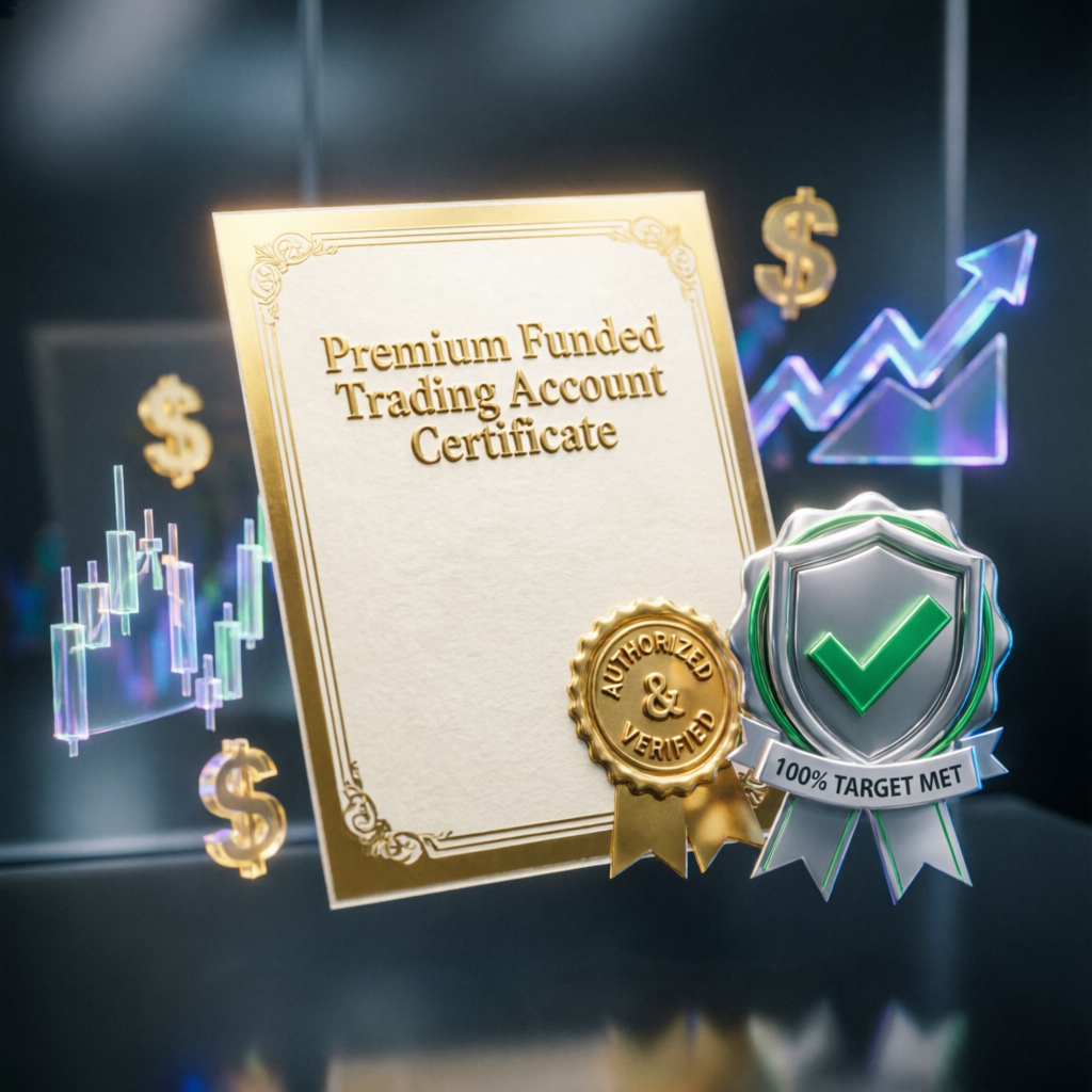 Premium funded trading account certificate with profit target achievement
