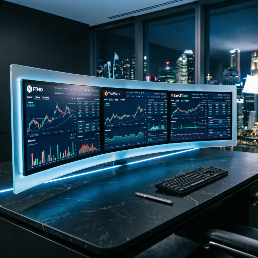 Luxury trading desk setup with multiple monitors showing prop firm dashboards