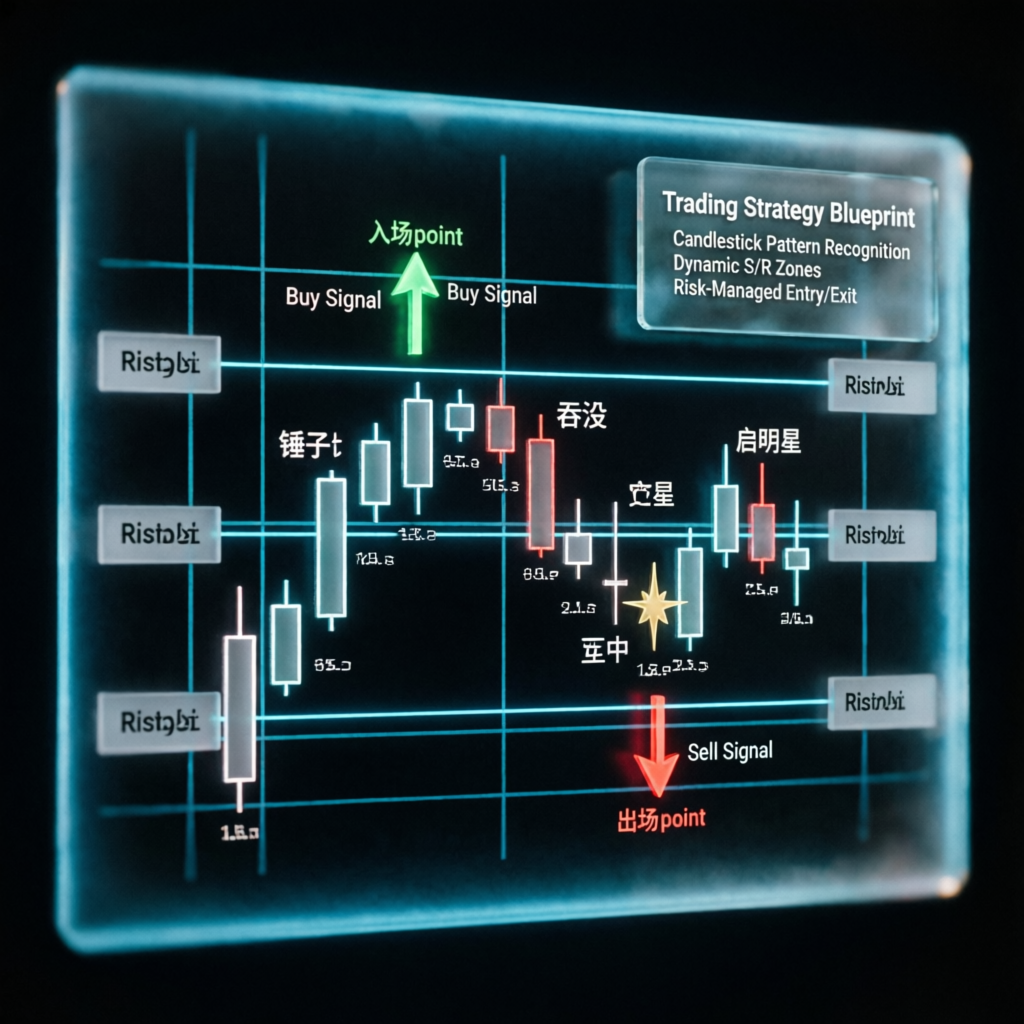 Trading strategy blueprint with candlestick patterns and entry exit points