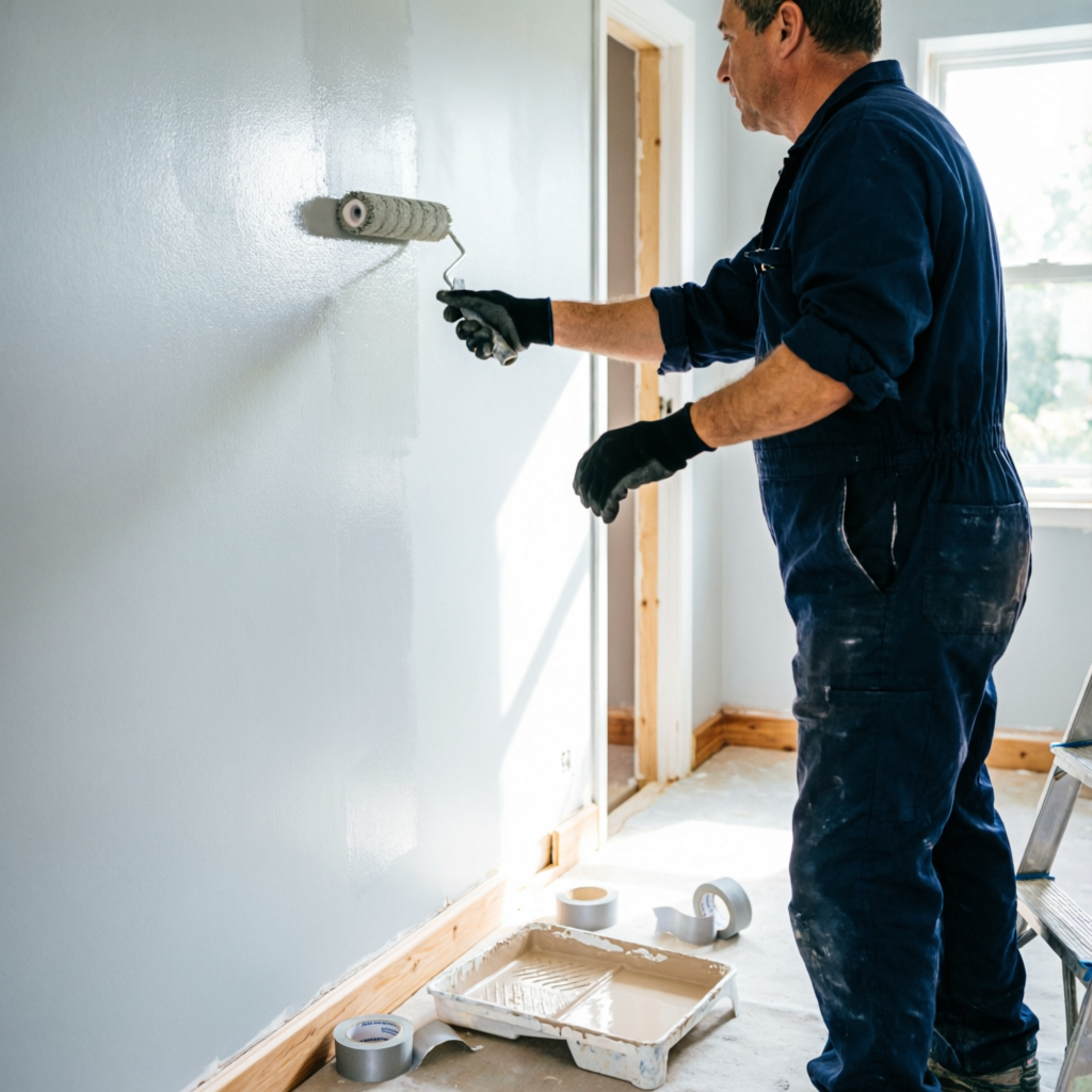 Trabajador pintando una pared en remodelación de vivienda