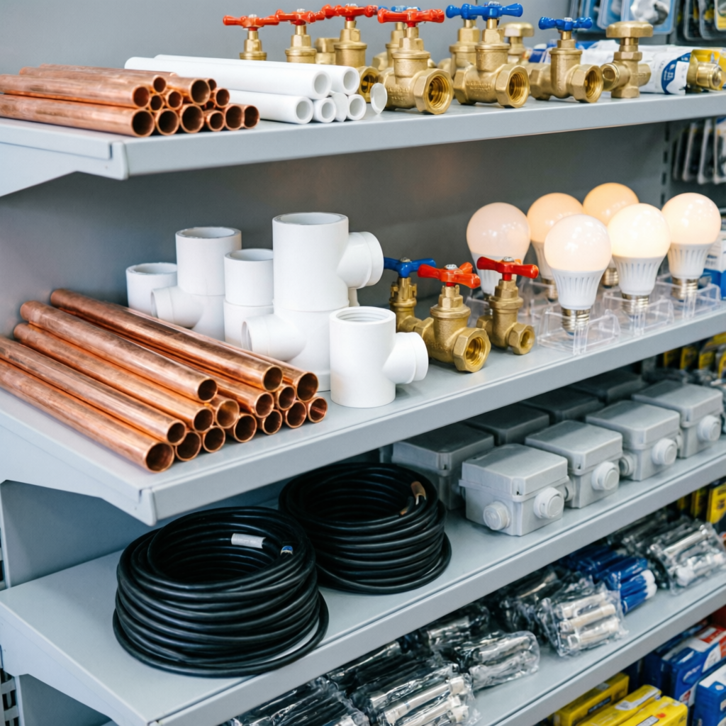 Materiales eléctricos y de gasfitería en estantería