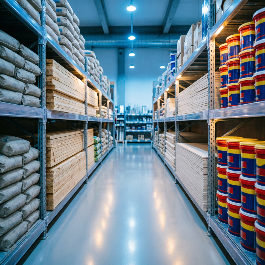 Pasillo de materiales de construcción: cemento, maderas y pinturas