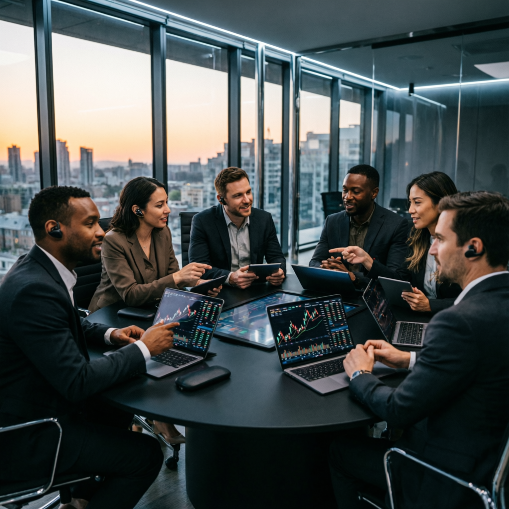 Professional team of forex traders and analysts at PFM Capitals collaborating in modern office