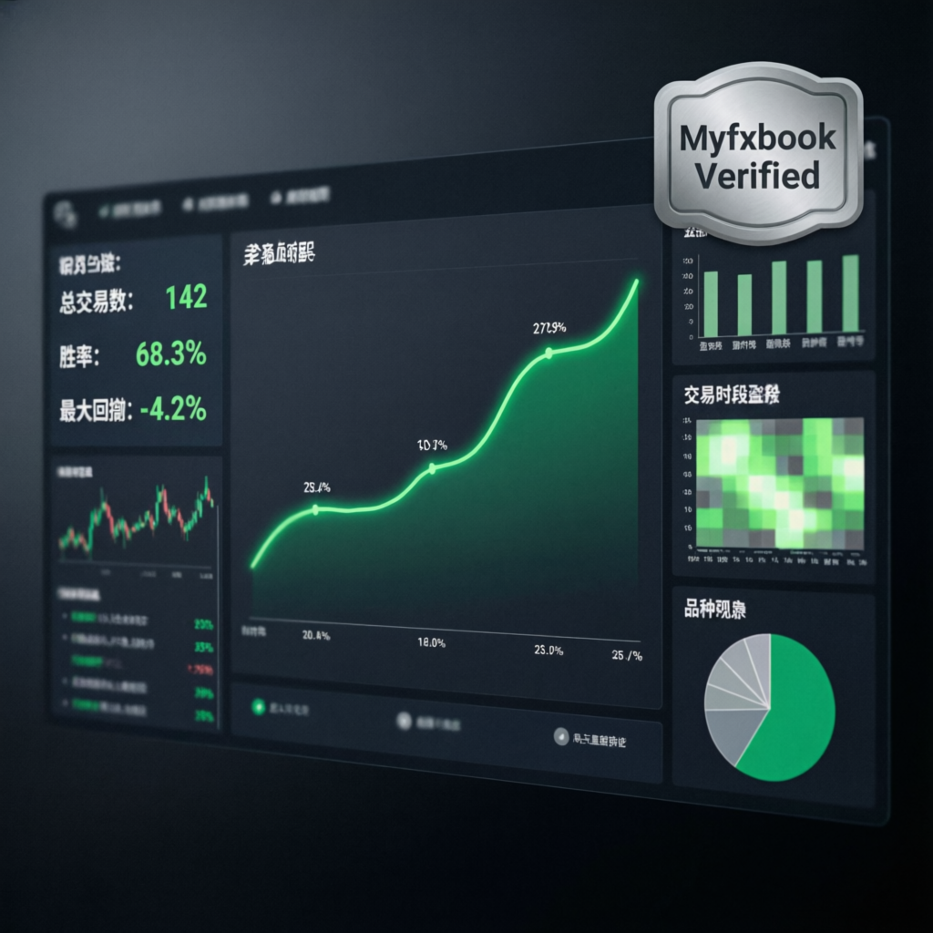 Myfxbook Verified trading dashboard showing consistent profit curve and trading statistics