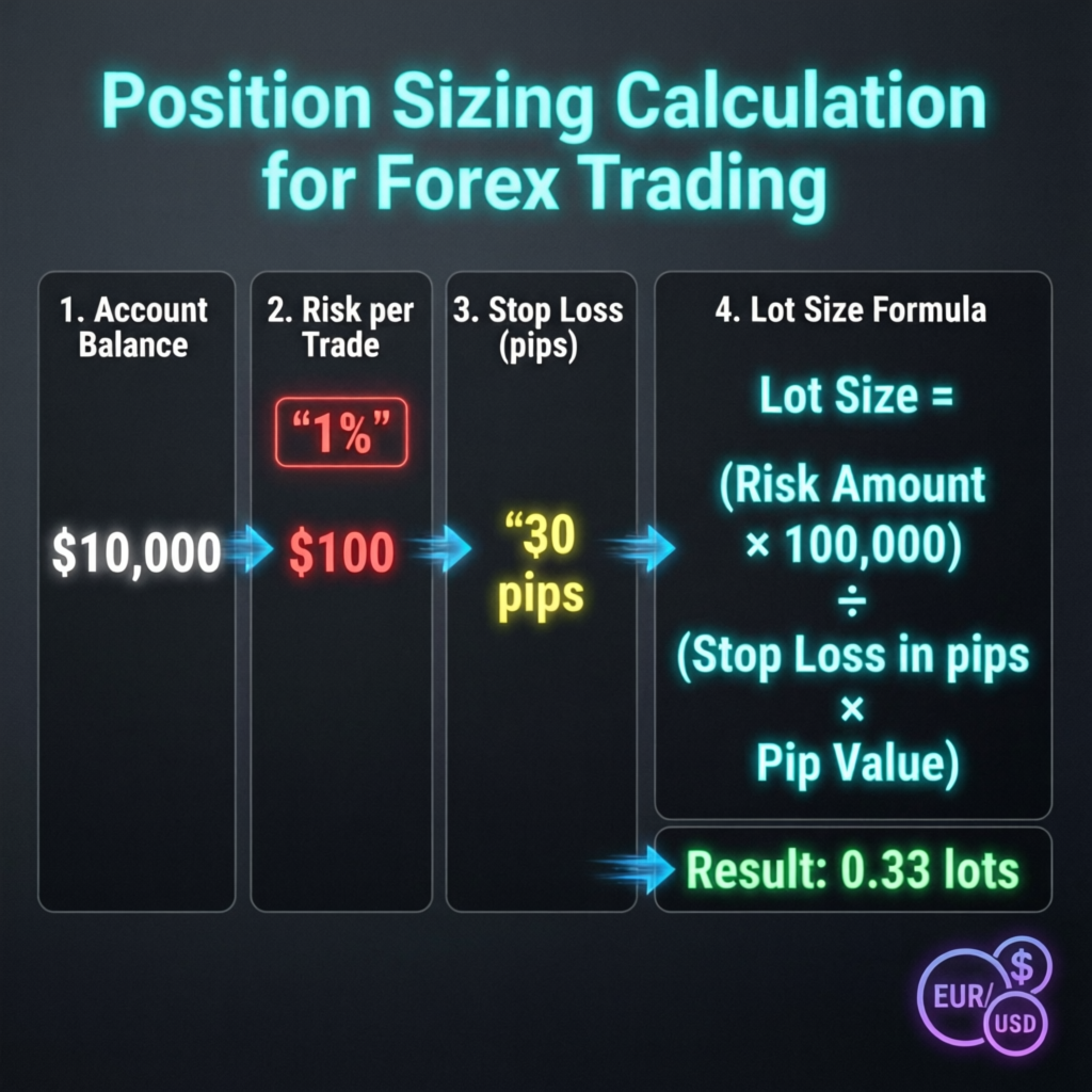 Position Sizing Calculation for Forex Trading infographic showing the step-by-step formula