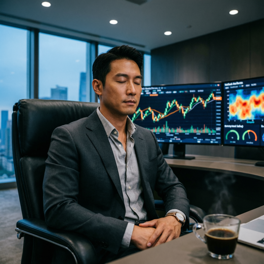 Calm professional trader meditating before trading screens demonstrating trading psychology mastery