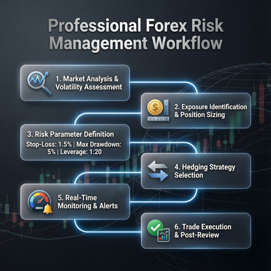 Professional Forex Risk Management Workflow diagram showing 6-step process from analysis to execution