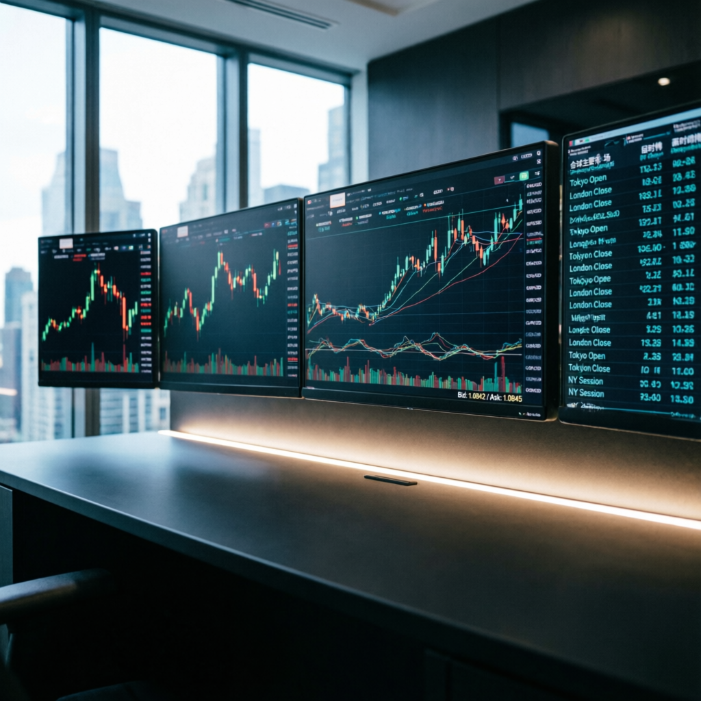 Professional trading desk with multiple monitors showing forex charts at PFM Capitals