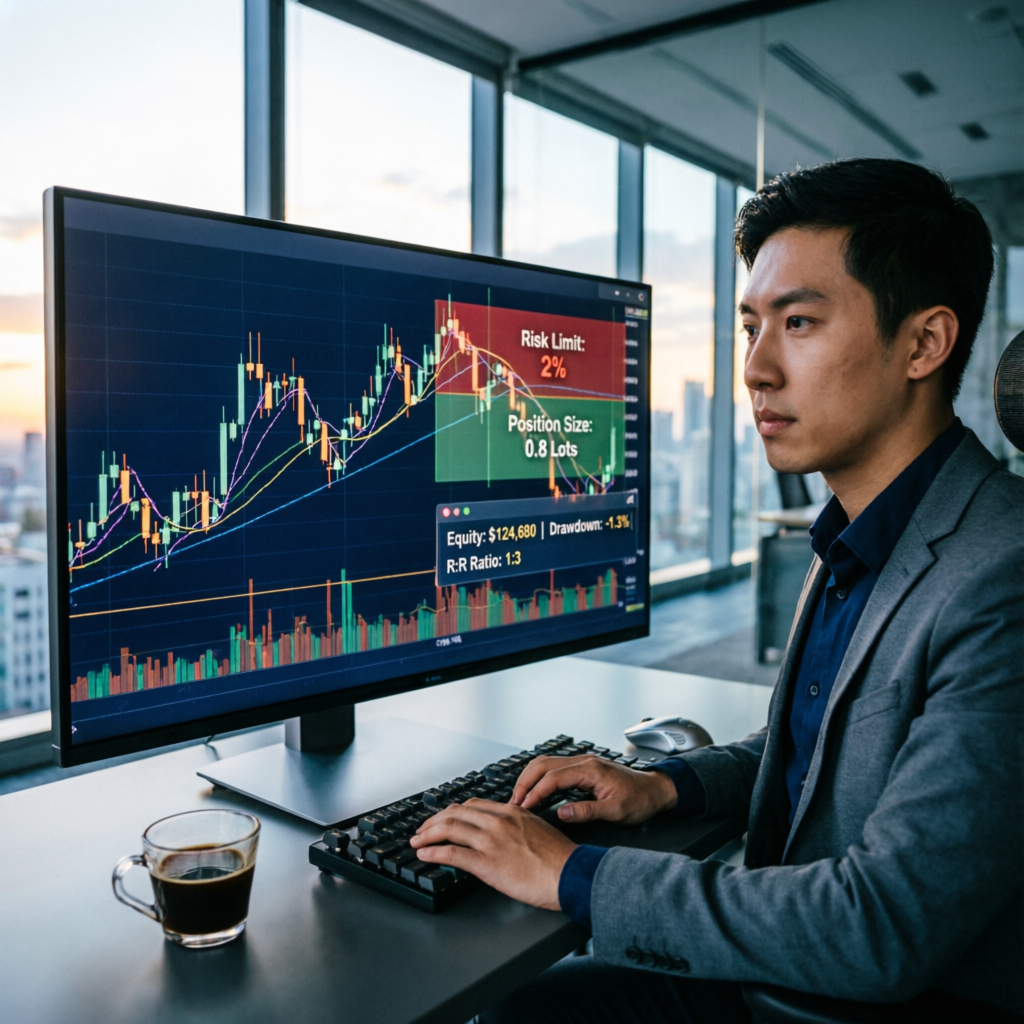 Trader analyzing forex charts with risk management overlay showing position sizing and drawdown metrics