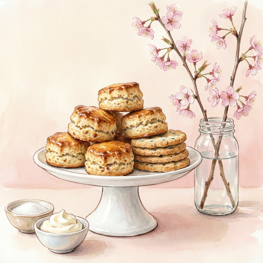 Ilustración en acuarela de scones en una bandeja alta con ramas de flores rosas