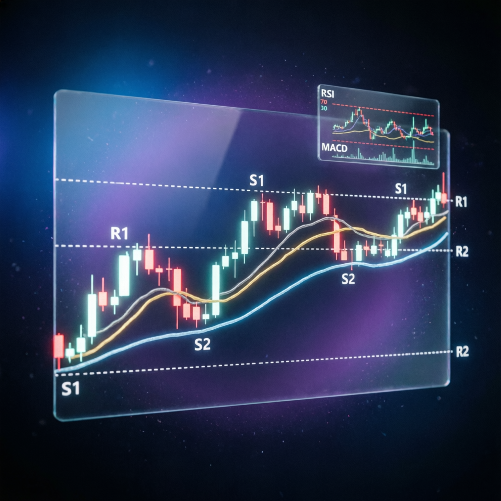 Trading strategy visualization with candlestick patterns and technical indicators