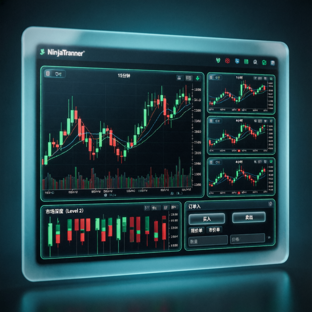 NinjaTrader platform interface showing futures trading charts and order entry