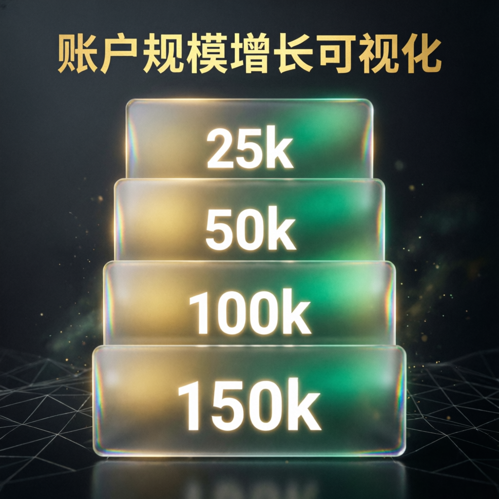 Apex Trader Funding account sizes from 25k to 150k visualization