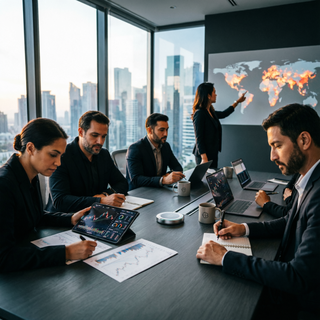 Professional trading team analyzing markets and managing funded accounts