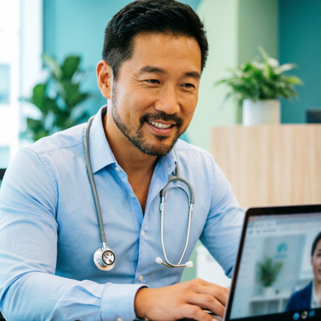 A physician smiles while conducting a telemedicine video visit on a laptop in a bright office.