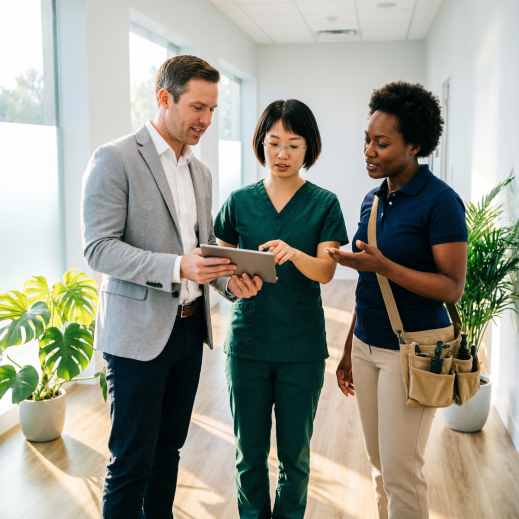 A physician with a tablet collaborates with a nurse in scrubs and a therapist in a bright clinic corridor.