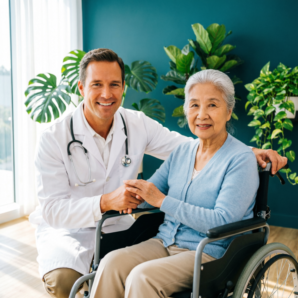 A smiling physician in a white coat kneels beside an elderly patient in a wheelchair, holding her hand in a sunlit care facility lounge with a teal wall and green plants.