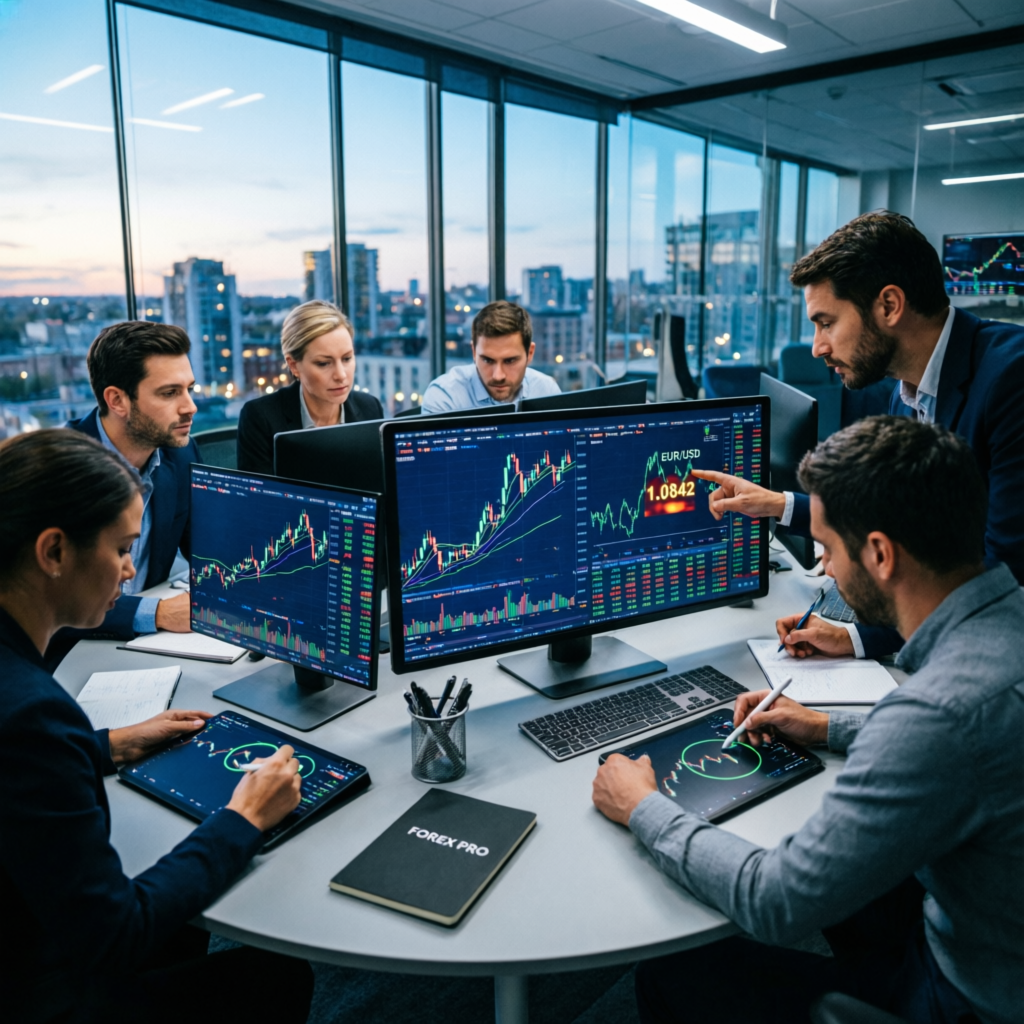 Professional trading team reviewing funded account performance