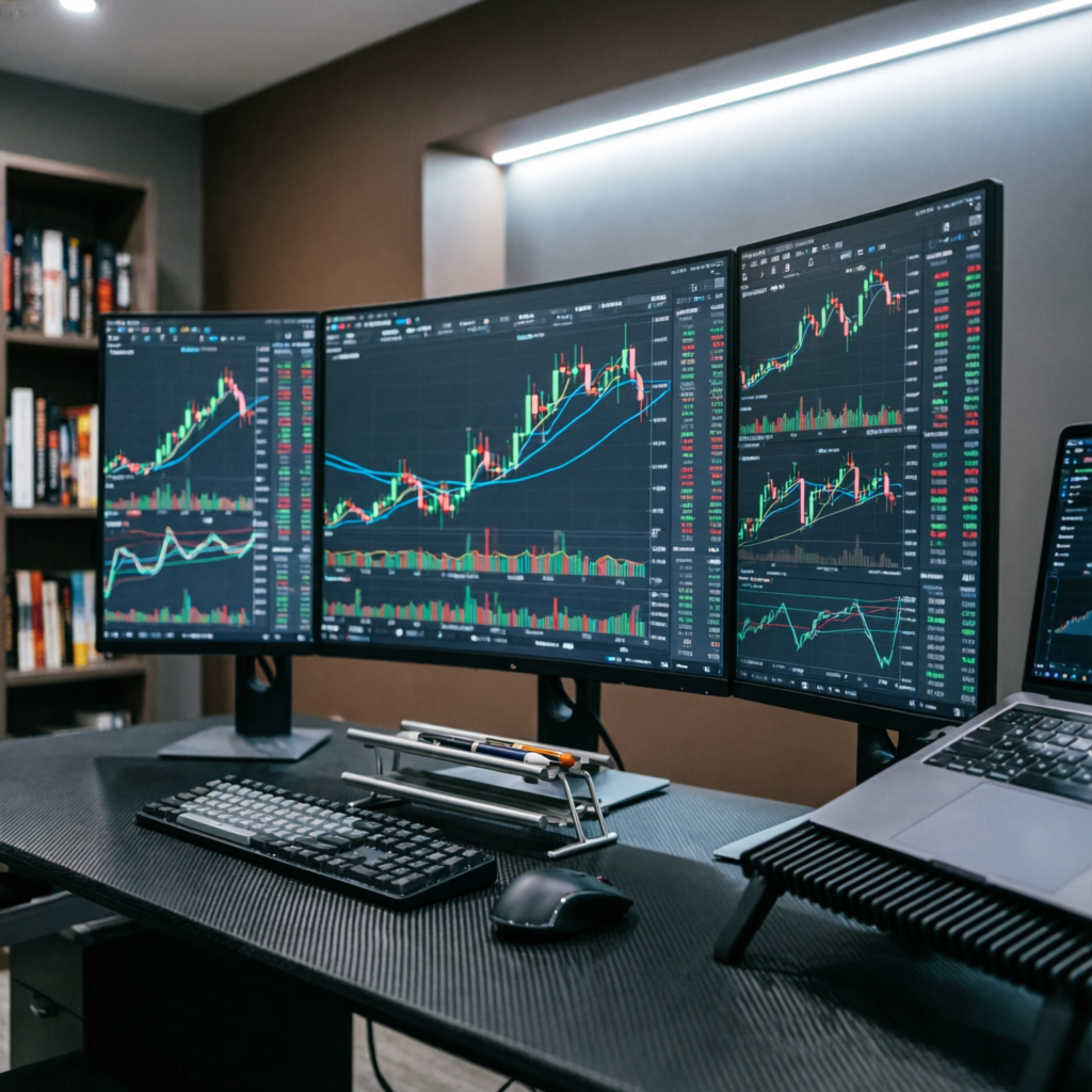 Professional trading workstation with multiple monitors displaying Funding Pips challenge rules