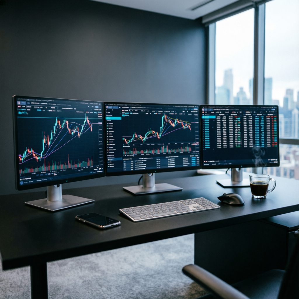 Multi-monitor forex trading setup with professional chart analysis