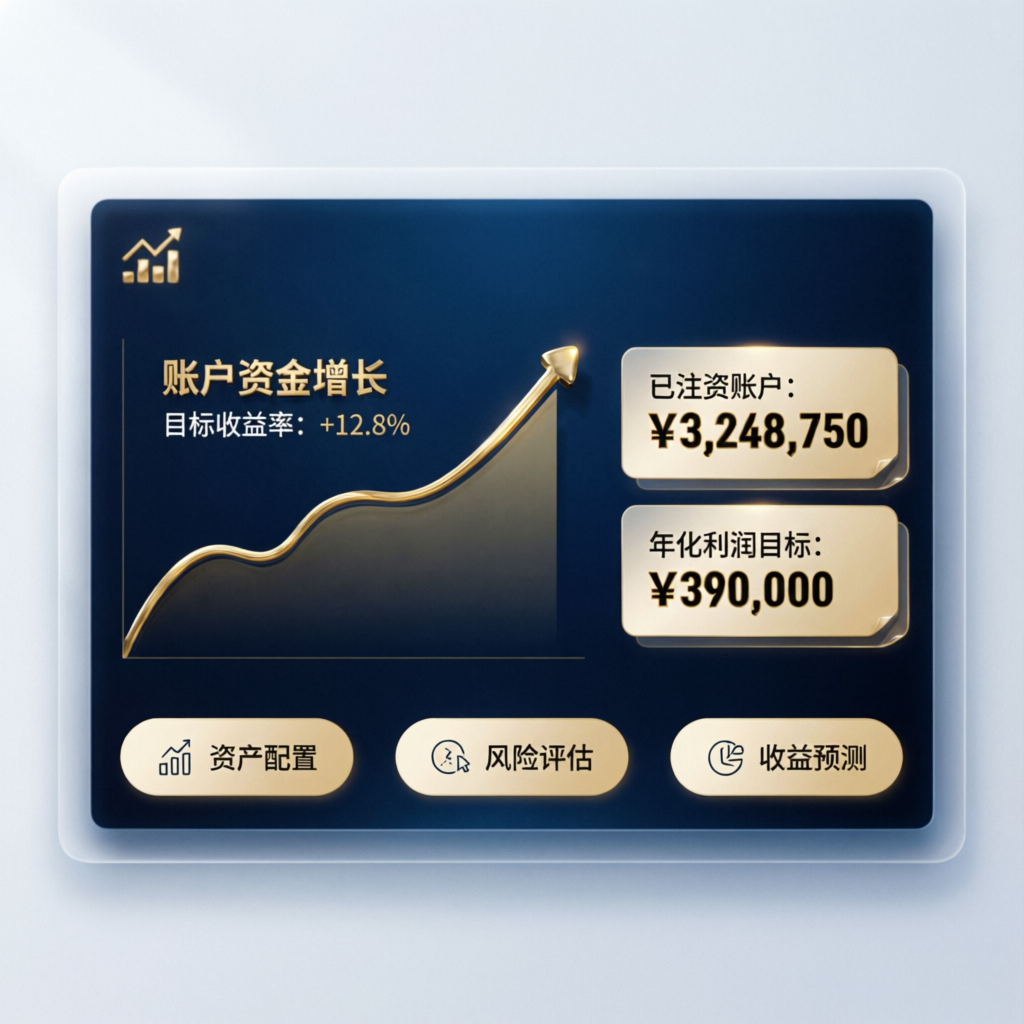 Modern financial interface showing funded account growth and profit targets