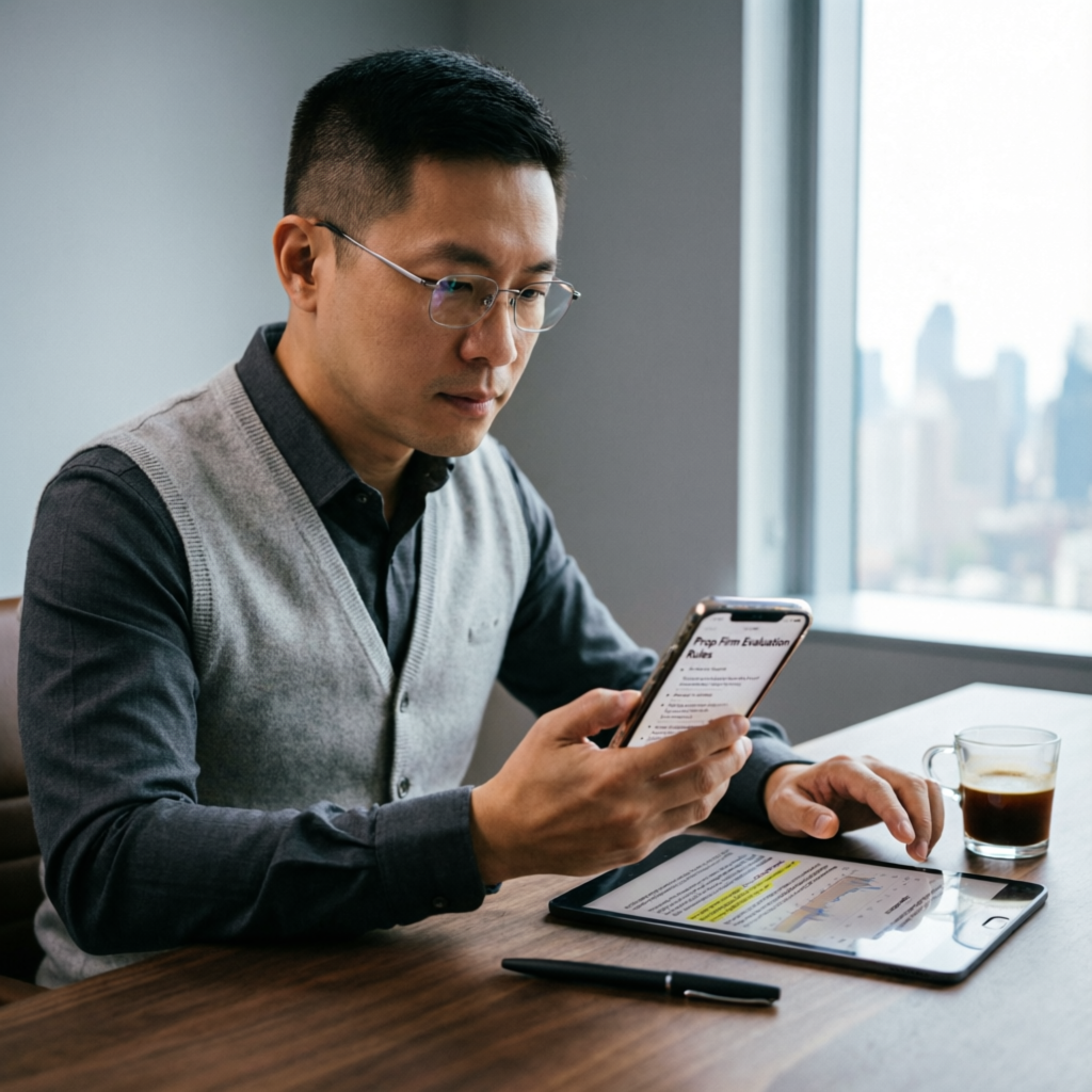 Professional trader analyzing prop firm evaluation rules on tablet and smartphone