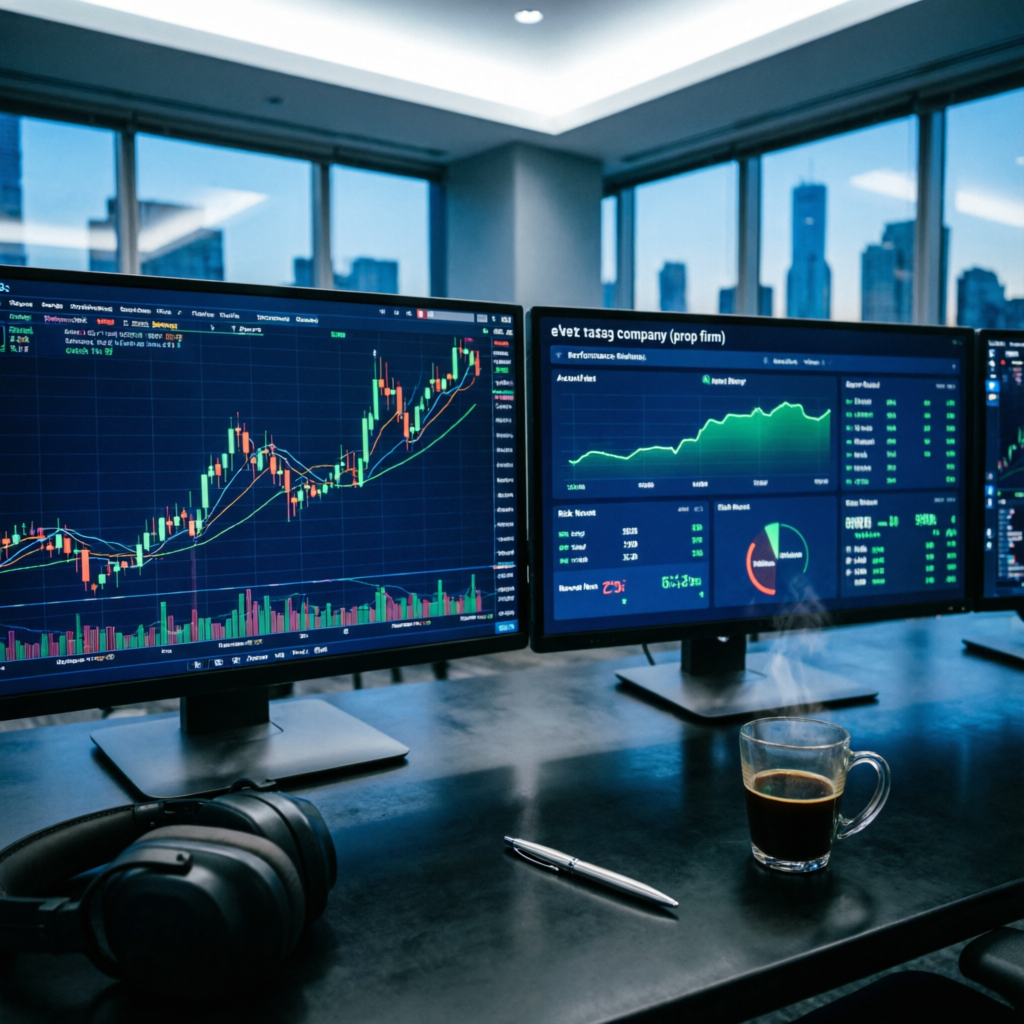 Professional trading desk with multiple monitors displaying forex charts and prop firm dashboard