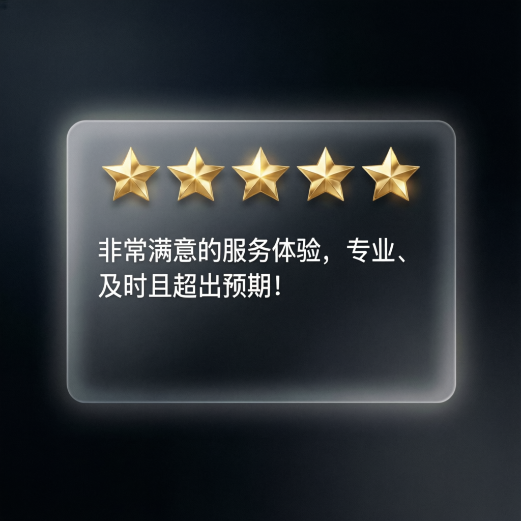 Five star review testimonial card showing excellent customer satisfaction