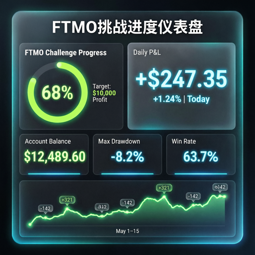 FTMO challenge progress dashboard showing trading statistics and profit targets
