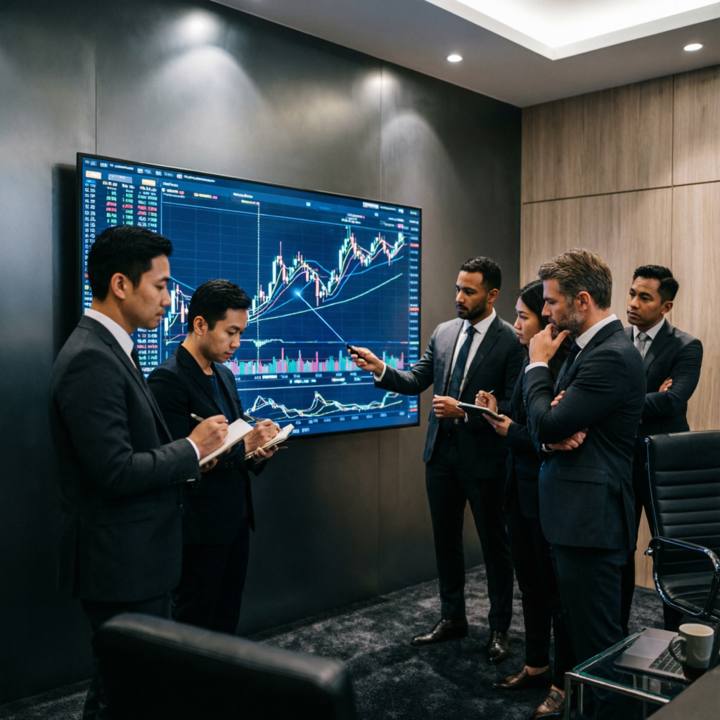 Professional traders discussing strategy in modern trading office