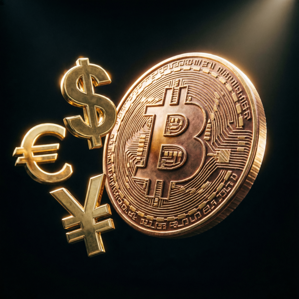 Premium forex and cryptocurrency coins representing global trading markets