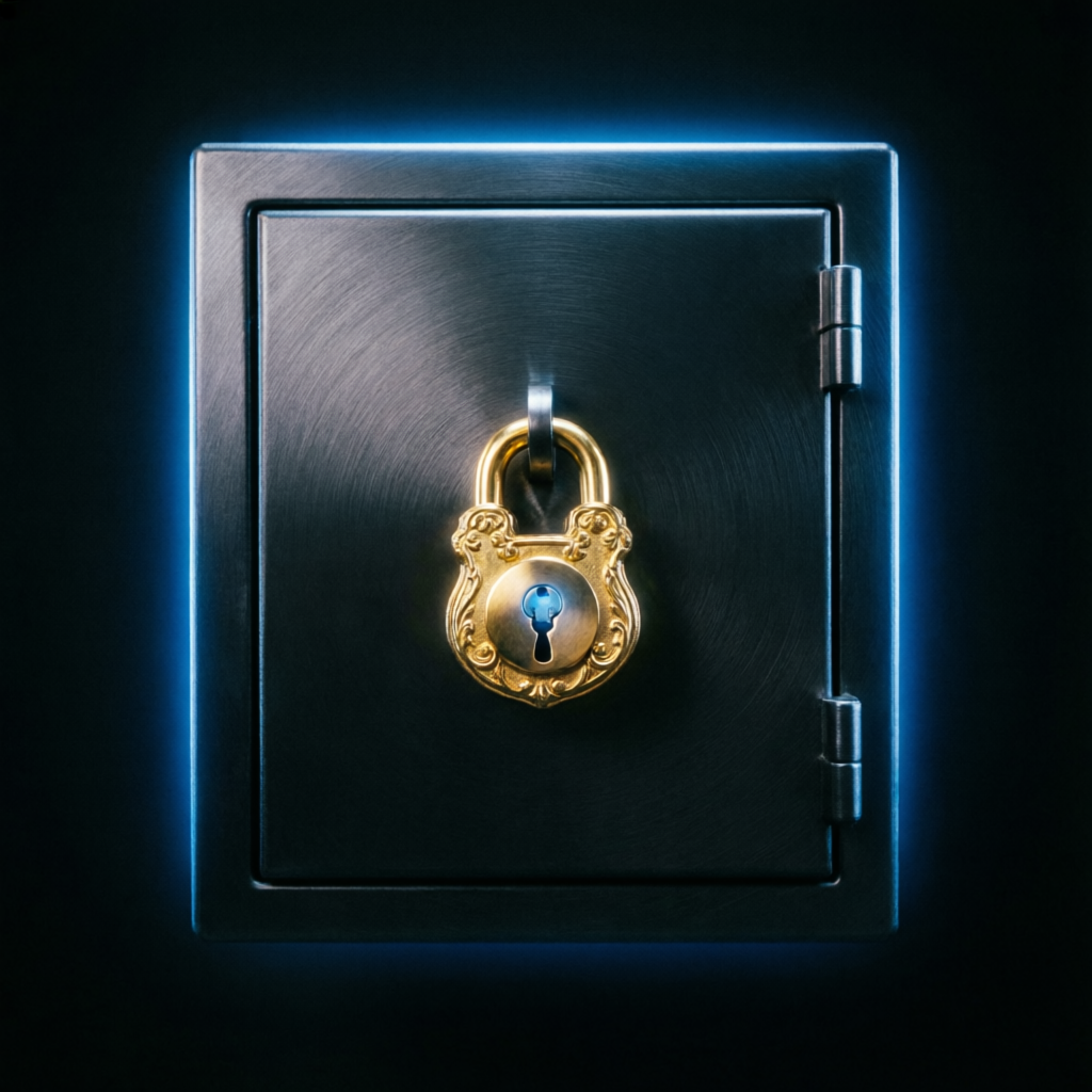 Secure vault with golden lock protecting trading capital and account security