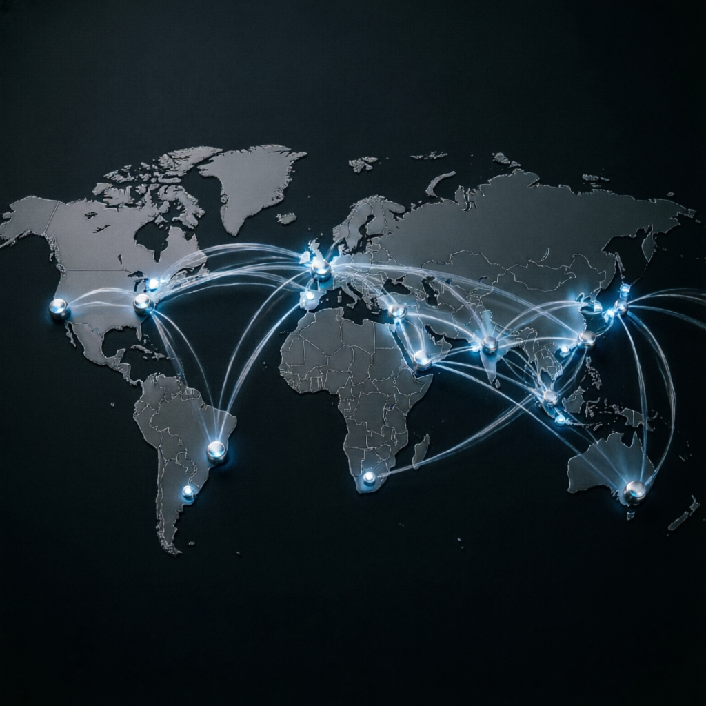 Global network of traders connected worldwide showing international coverage