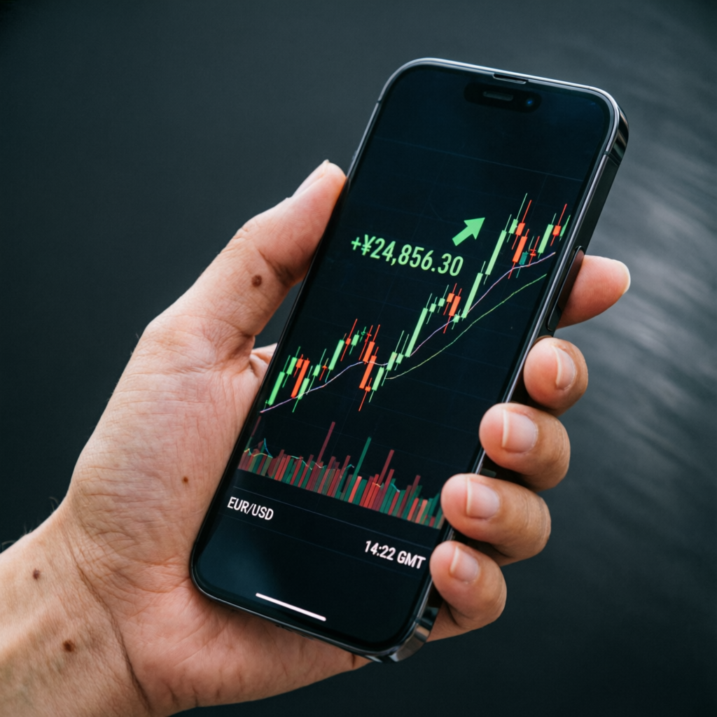 Mobile phone showing forex trading app with live profit charts