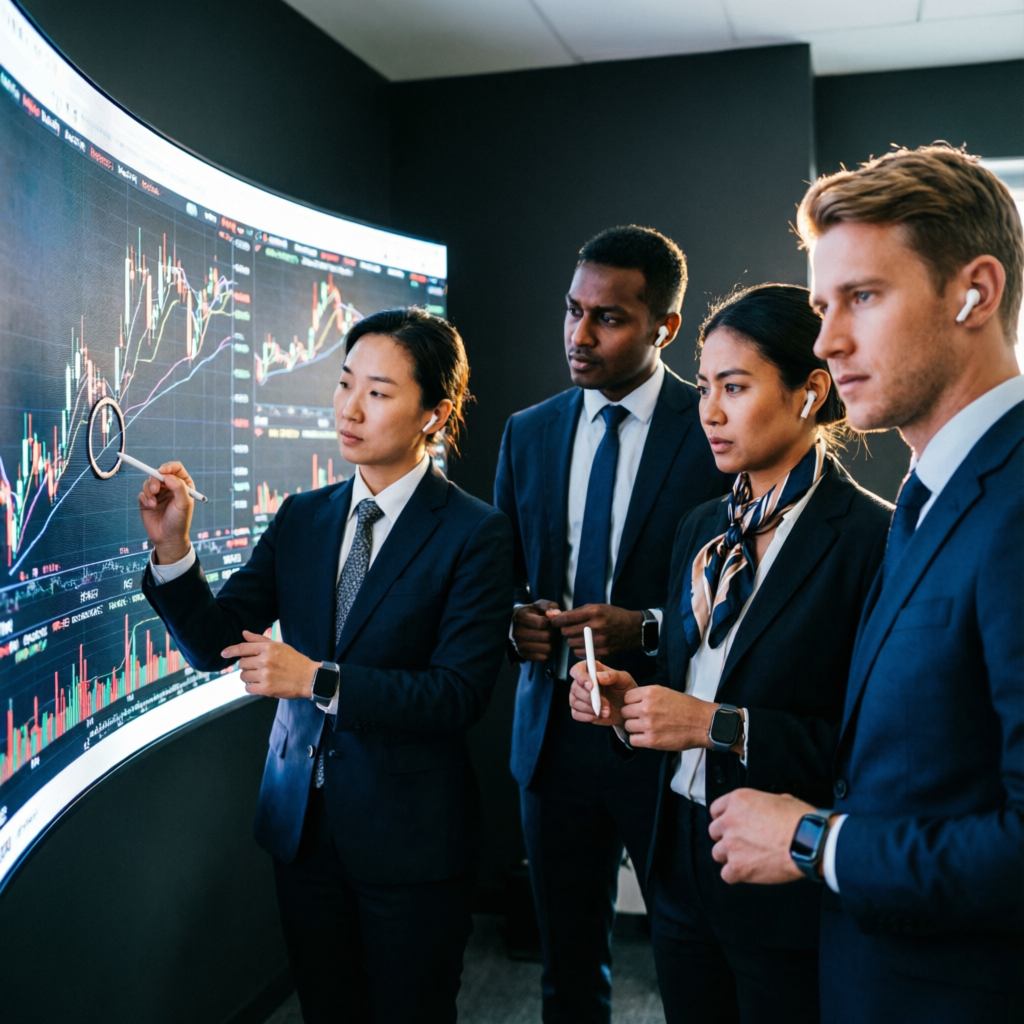 Professional team of expert forex traders analyzing market charts