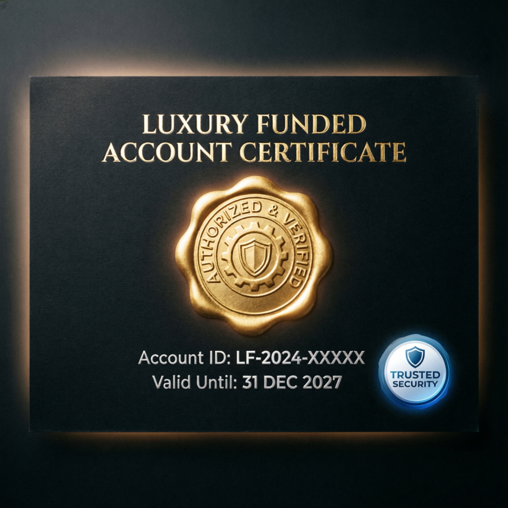 Luxury funded account certificate with gold seal representing successful challenge completion