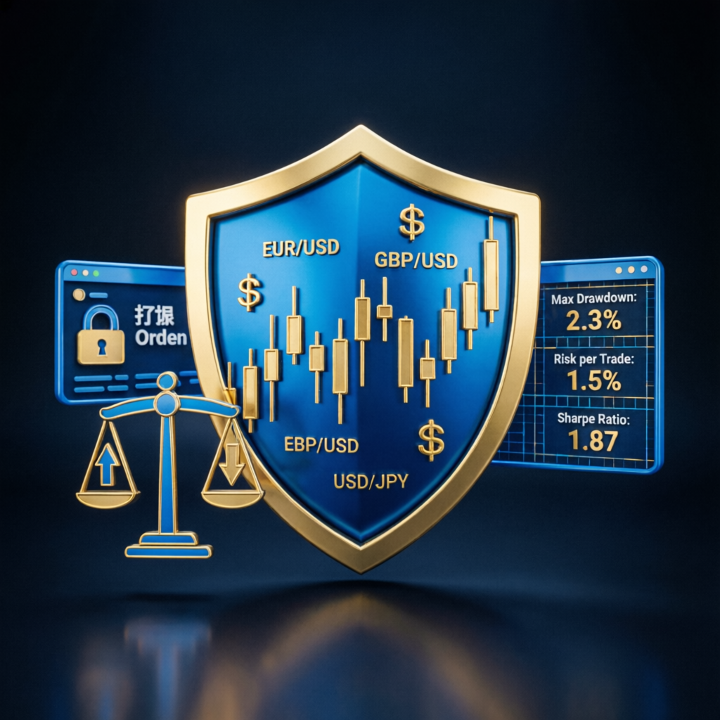 Risk management shield protecting forex trading accounts with key metrics