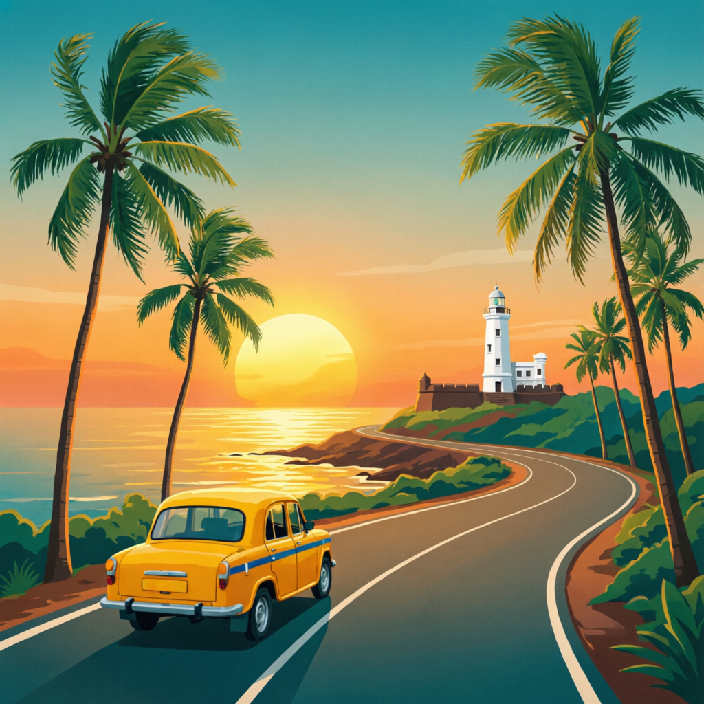 Yellow taxi on a Goa coastal road at sunset near a lighthouse fort